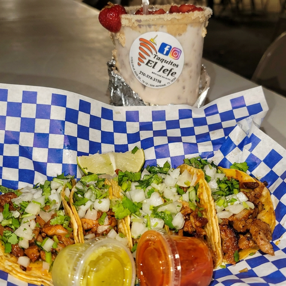 Street-style tacos topped with chopped onion and cilantro, served with lime wedges and a garnished drink on blue checkered paper.