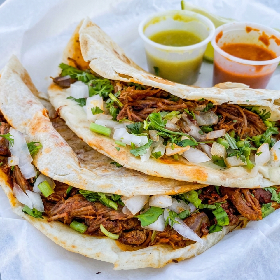 Three birria-style tacos filled with shredded beef, onions, and cilantro, served with green and red salsa cups.