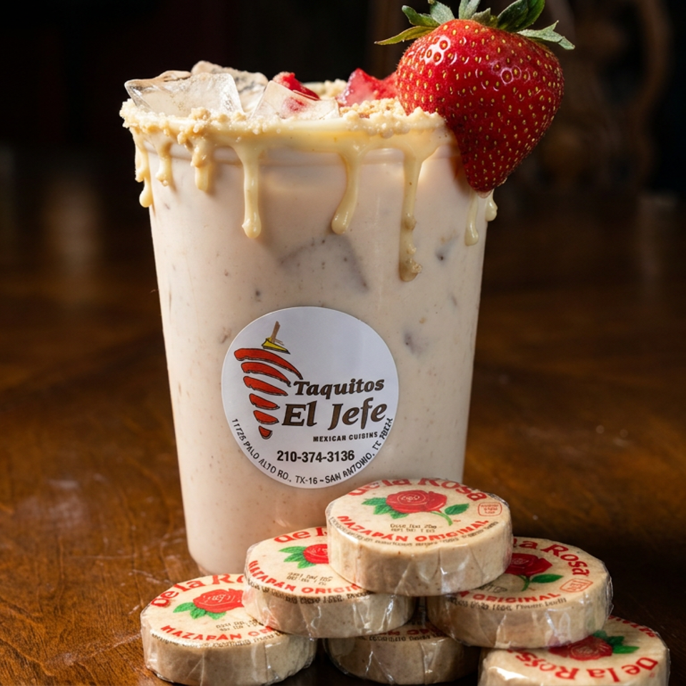 Creamy strawberry-topped drink from Taquitos El Jefe sits on a wooden table beside stacked wrapped mazapán candies.