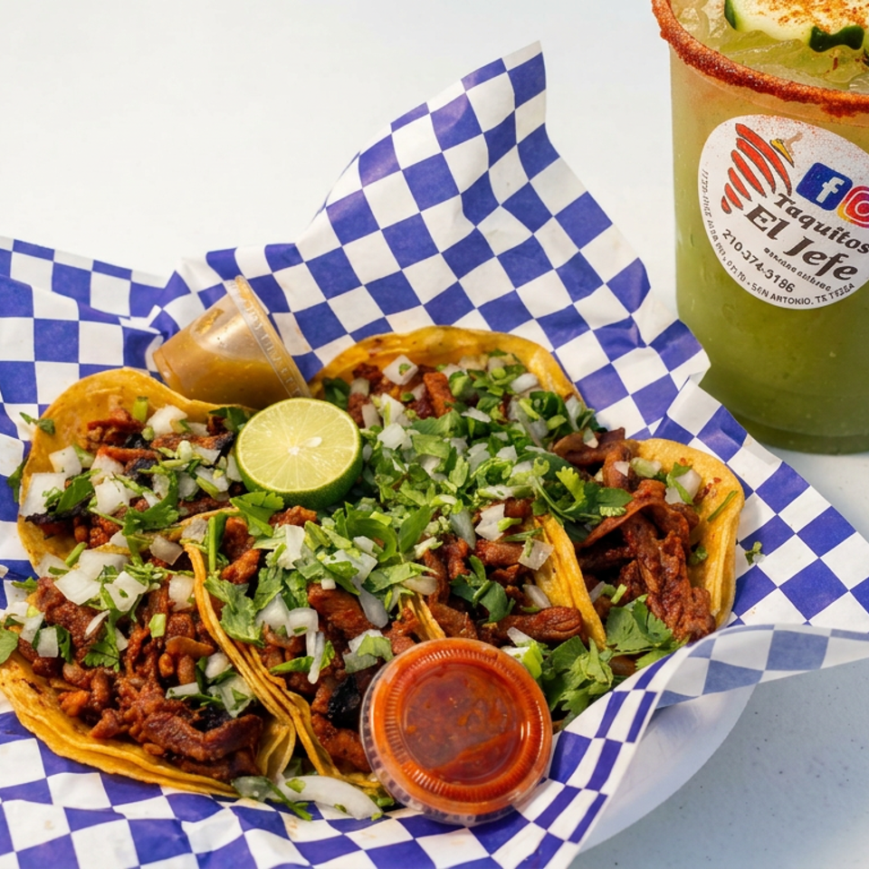Several Mexican street tacos topped with cilantro and onions, served with lime and salsa beside a chilled green drink.