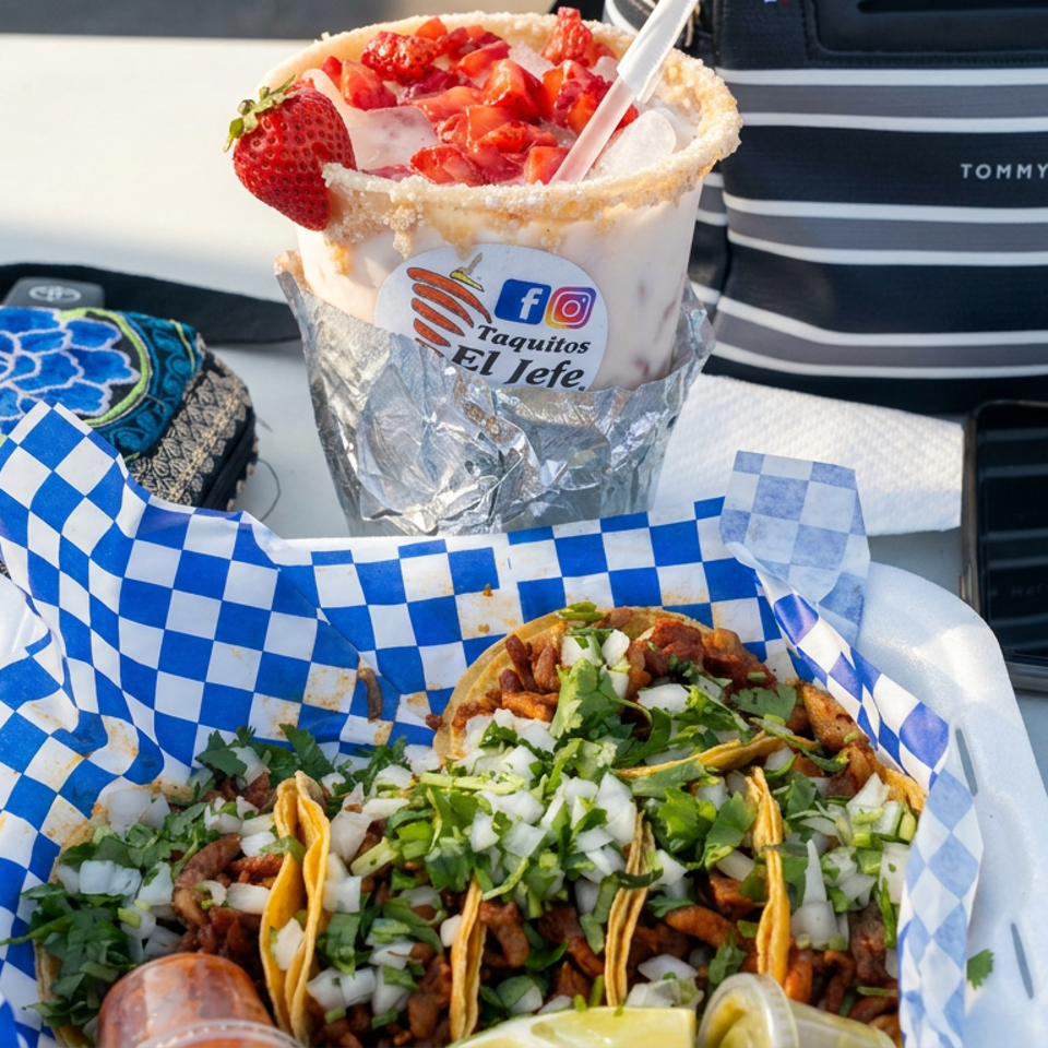 Street-style tacos topped with cilantro and onions sit beside a strawberry-topped dessert on a table.