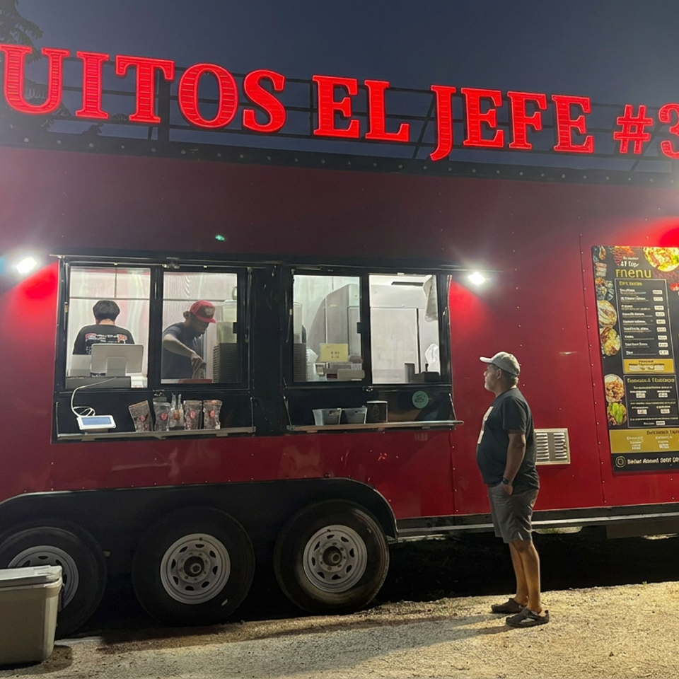 Red Taquitos El Jefe food truck with illuminated menu, service windows, workers, and a customer waiting outside.