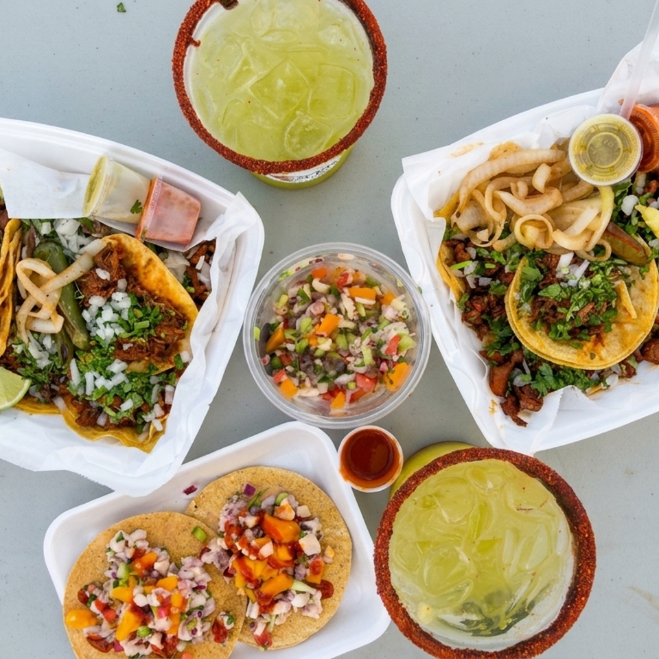 Overhead spread of tacos with onions, cilantro, lime, salsa, fries, and two chili-salt-rimmed lime drinks on a table.