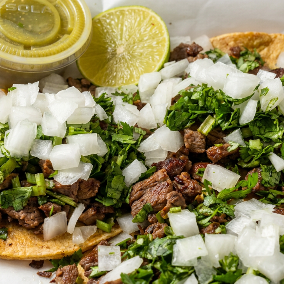 Three carne asada tacos topped with chopped onions and cilantro, served with lime and salsa in a takeout container.