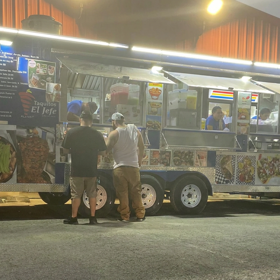 Taquitos El Jefe food truck serving customers at night, with menu boards, food photos, and staff visible.